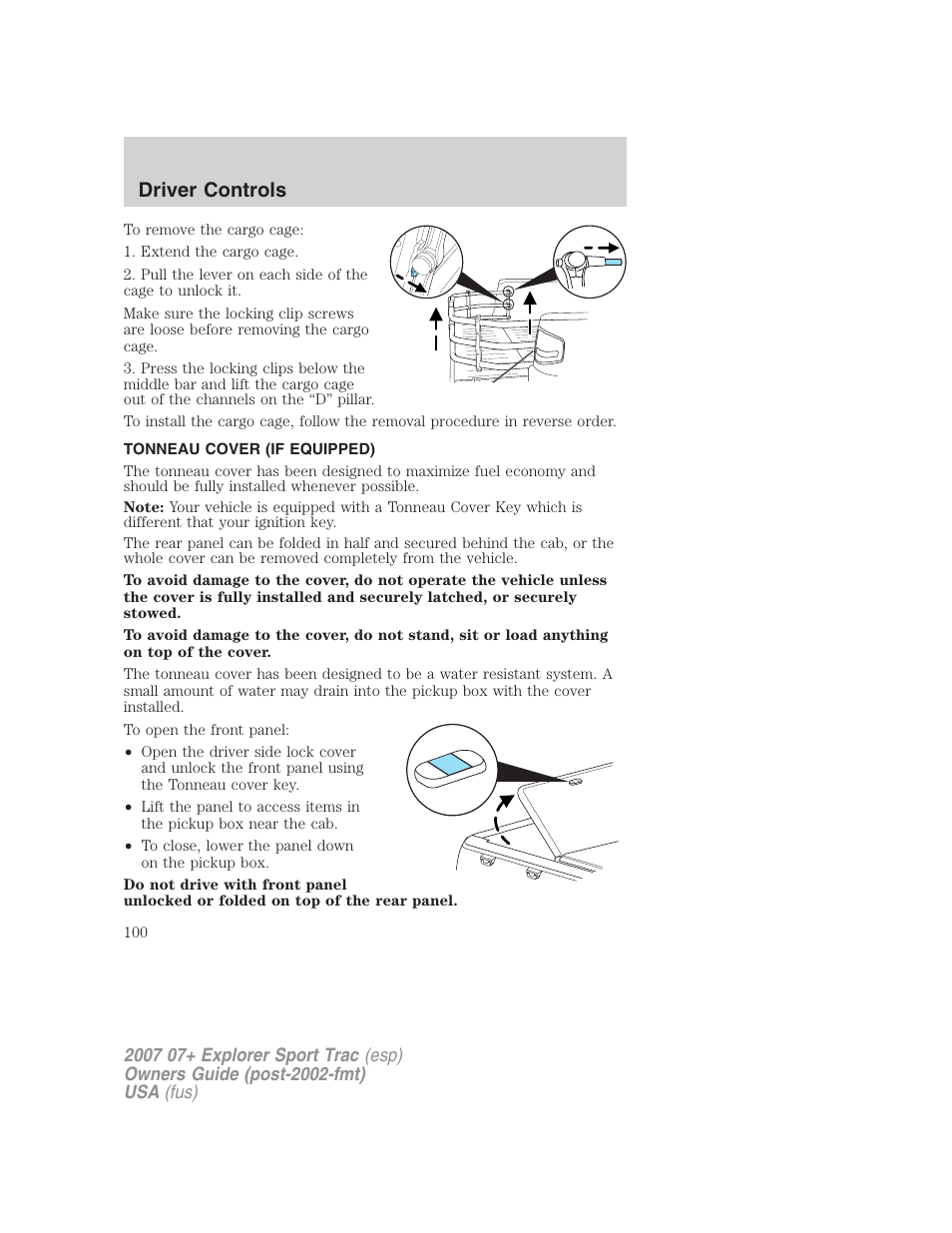 Tonneau cover (if equipped), Driver controls | FORD 2007 Explorer Sport Trac v.2 User Manual | Page 100 / 328