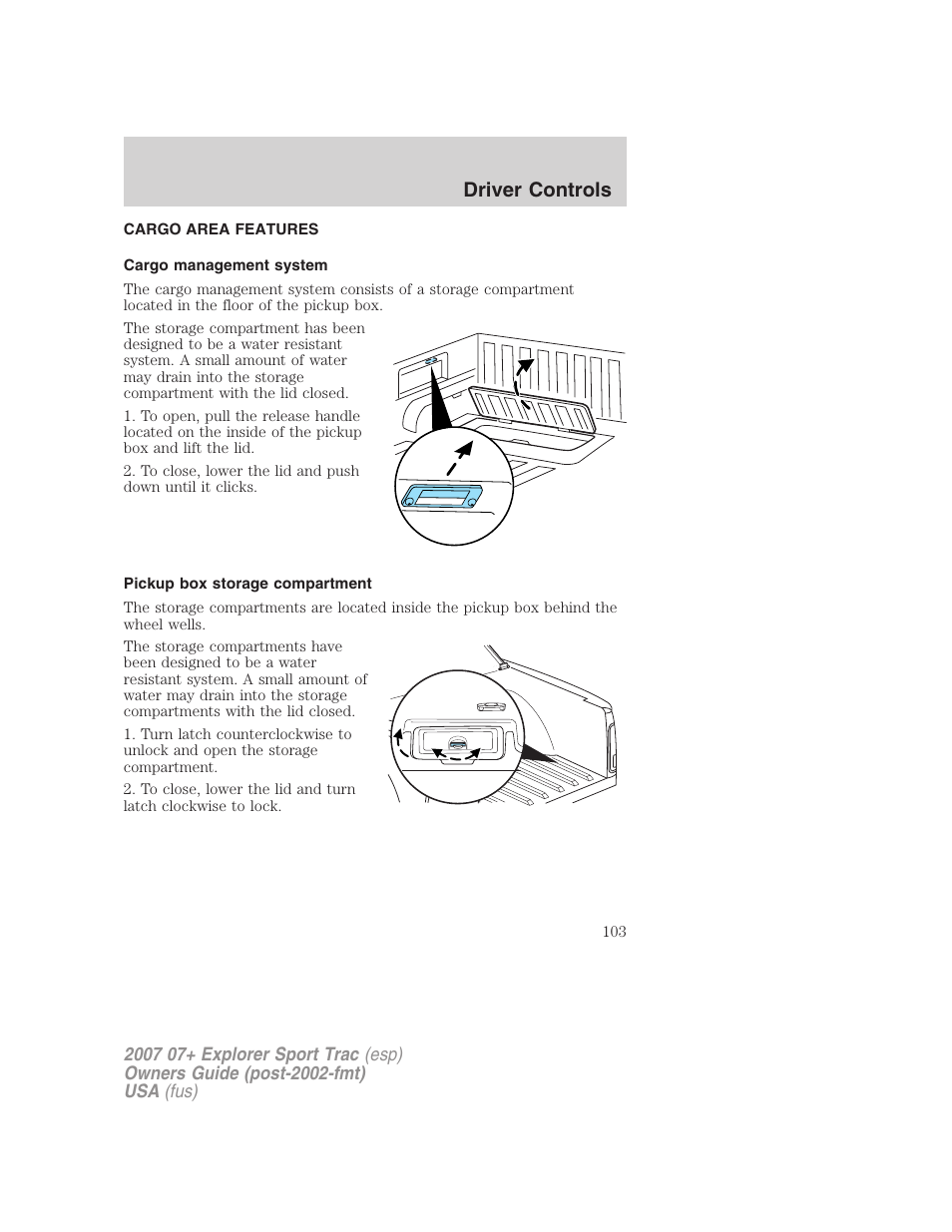 Cargo area features, Cargo management system, Pickup box storage compartment | Driver controls | FORD 2007 Explorer Sport Trac v.2 User Manual | Page 103 / 328