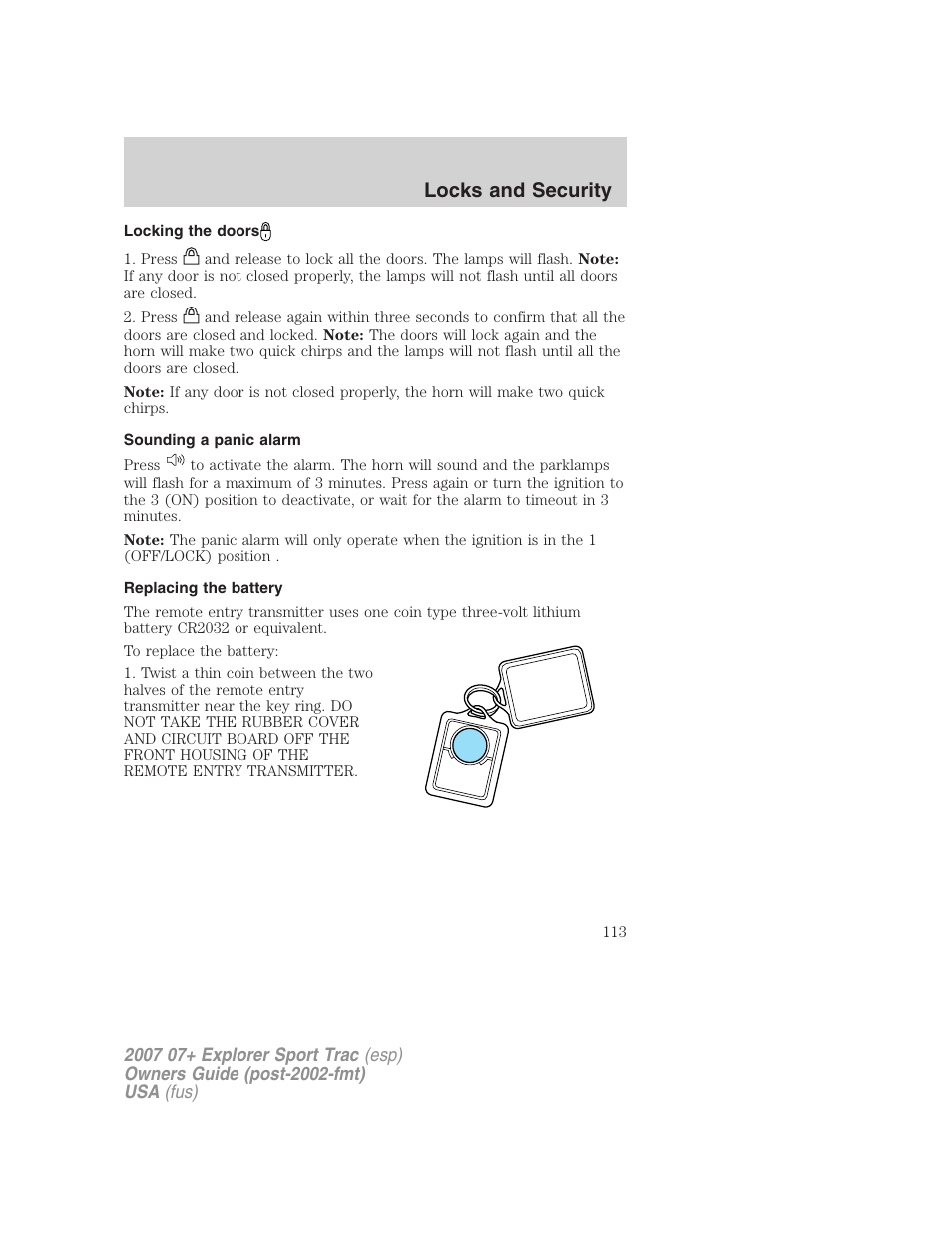 Locking the doors, Sounding a panic alarm, Replacing the battery | Locks and security | FORD 2007 Explorer Sport Trac v.2 User Manual | Page 113 / 328