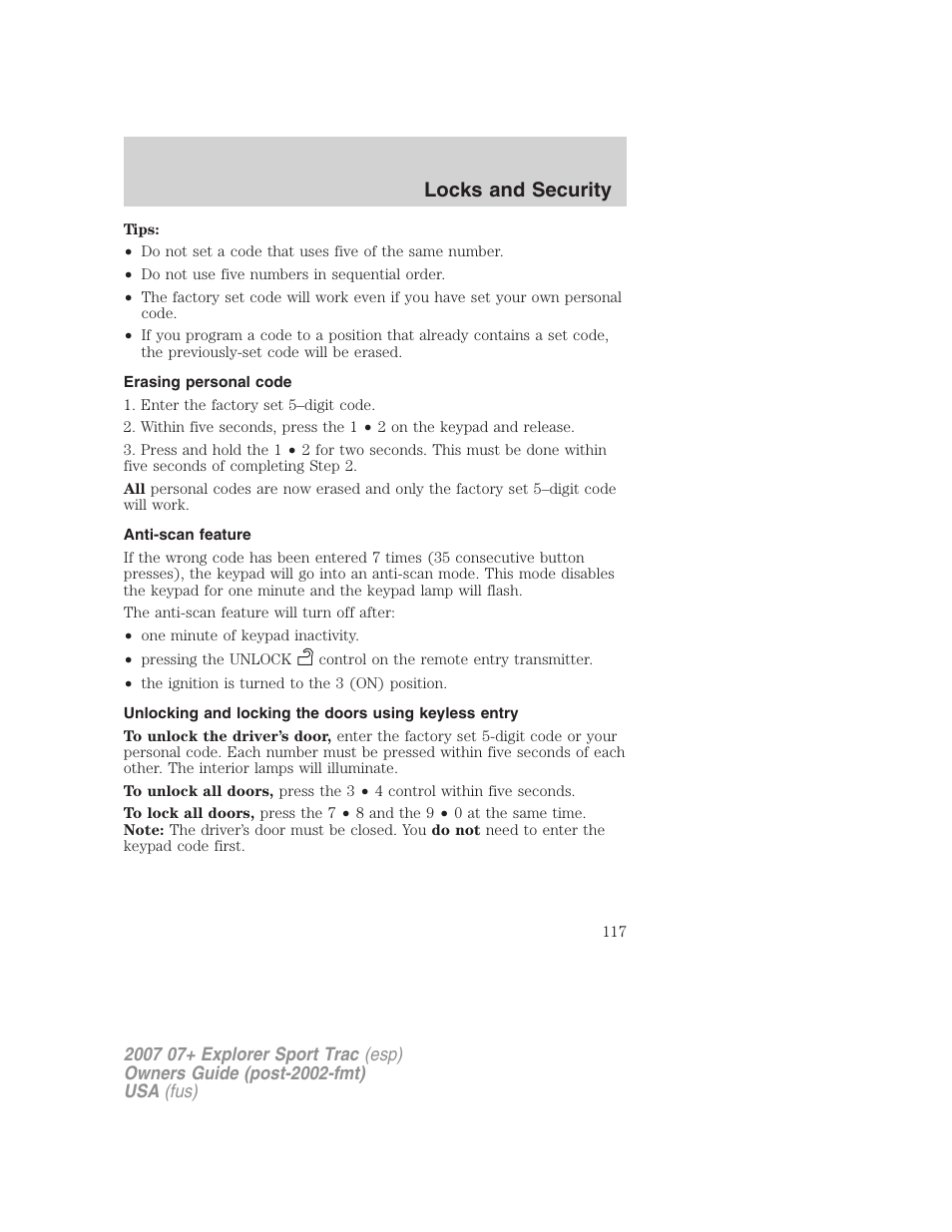 Erasing personal code, Anti-scan feature, Locks and security | FORD 2007 Explorer Sport Trac v.2 User Manual | Page 117 / 328