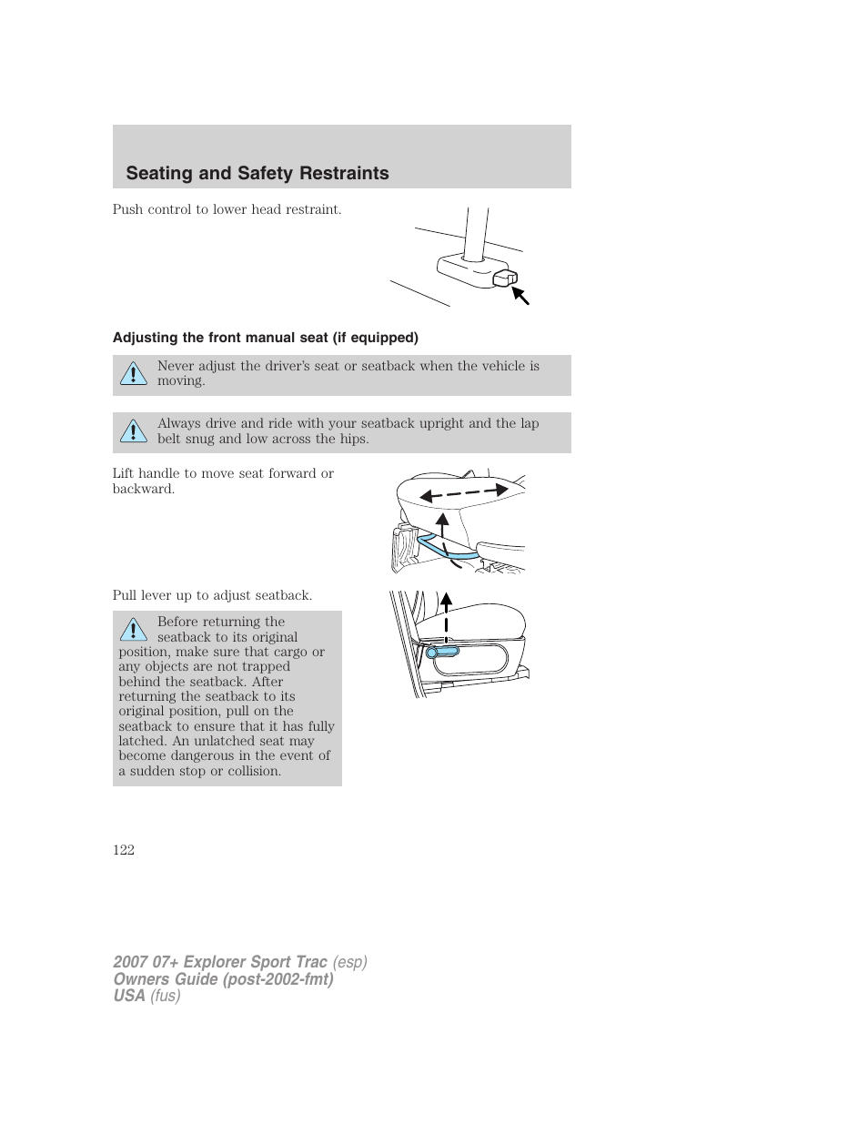 Adjusting the front manual seat (if equipped), Seating and safety restraints | FORD 2007 Explorer Sport Trac v.2 User Manual | Page 122 / 328