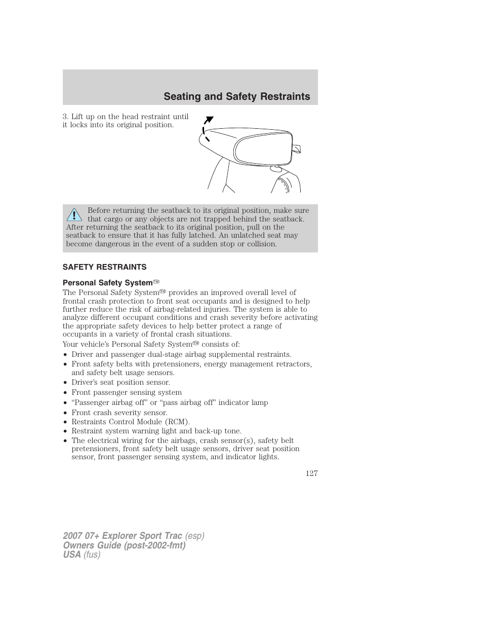 Safety restraints, Personal safety system, Seating and safety restraints | FORD 2007 Explorer Sport Trac v.2 User Manual | Page 127 / 328