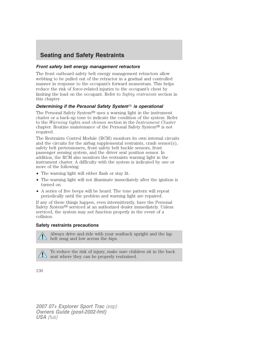 Front safety belt energy management retractors, Safety restraints precautions, Seating and safety restraints | FORD 2007 Explorer Sport Trac v.2 User Manual | Page 130 / 328