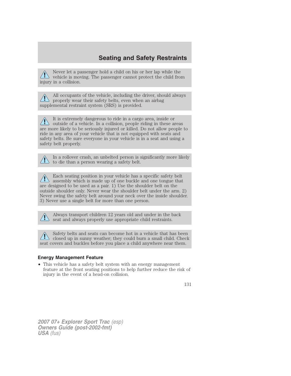 Energy management feature, Seating and safety restraints | FORD 2007 Explorer Sport Trac v.2 User Manual | Page 131 / 328