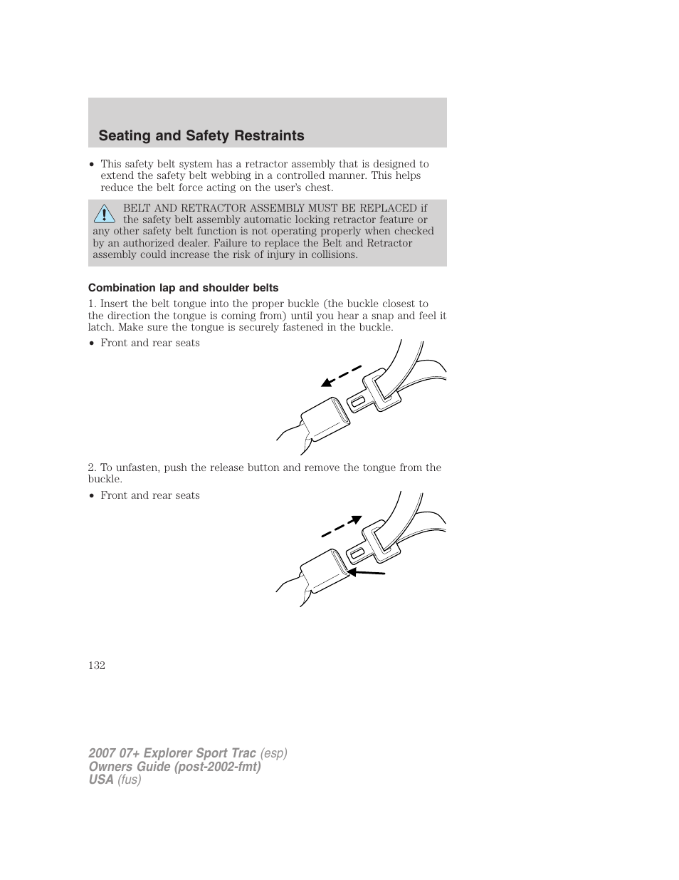 Combination lap and shoulder belts, Seating and safety restraints | FORD 2007 Explorer Sport Trac v.2 User Manual | Page 132 / 328