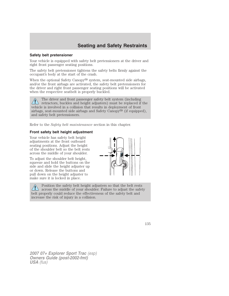 Safety belt pretensioner, Front safety belt height adjustment, Seating and safety restraints | FORD 2007 Explorer Sport Trac v.2 User Manual | Page 135 / 328