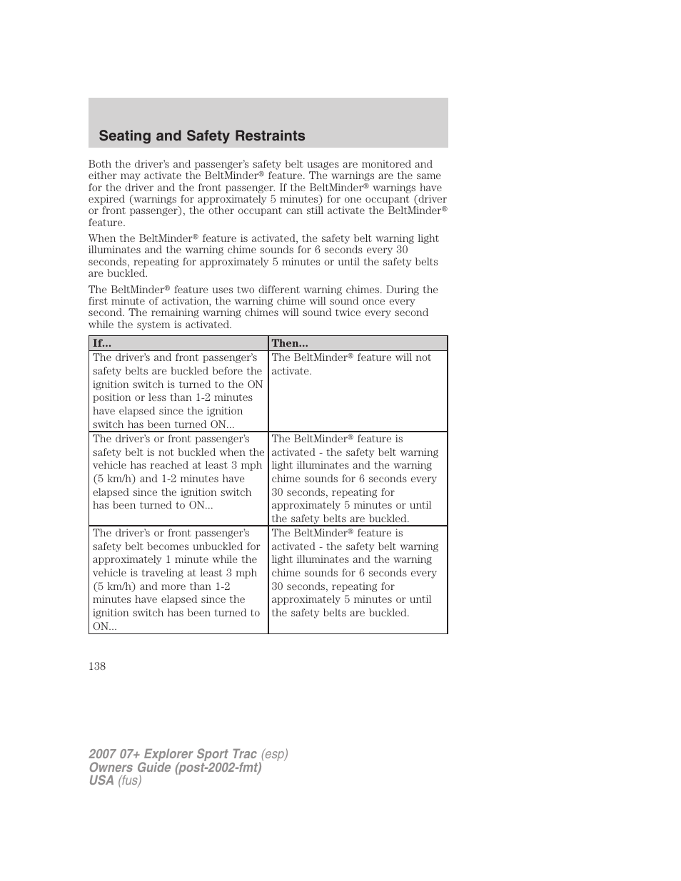 Seating and safety restraints | FORD 2007 Explorer Sport Trac v.2 User Manual | Page 138 / 328