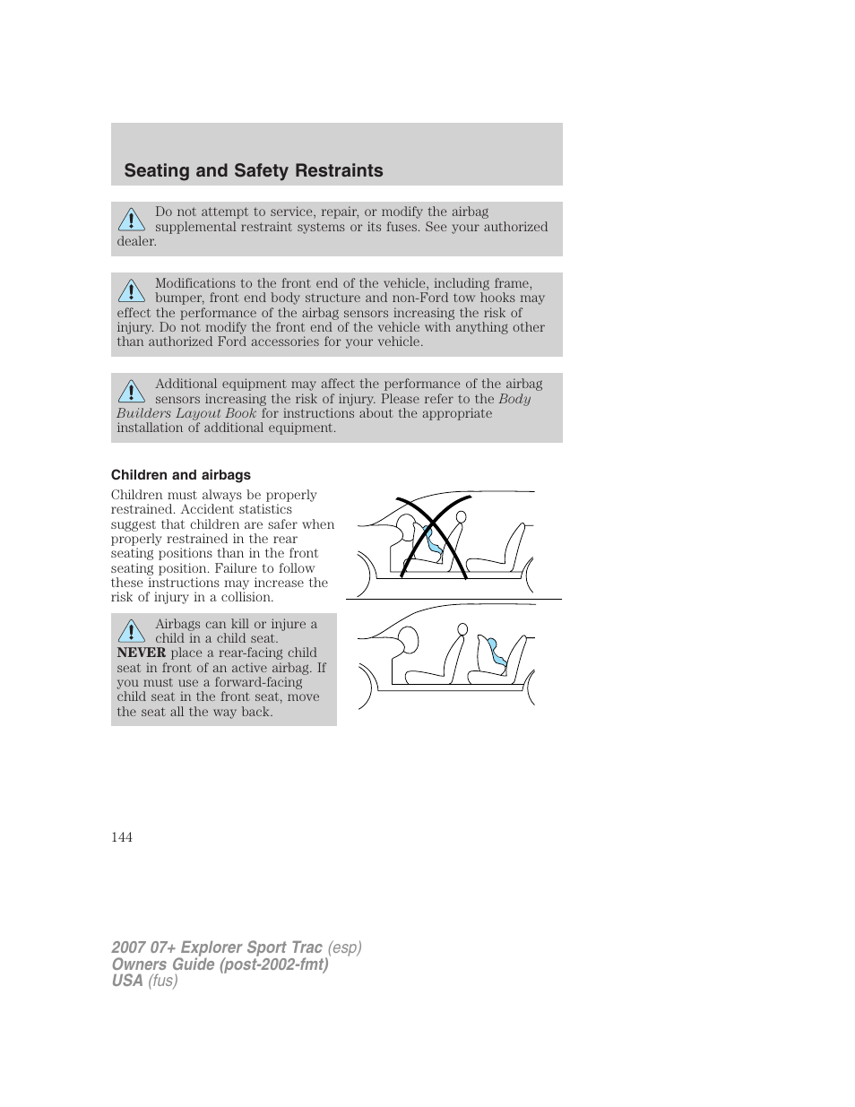 Children and airbags, Seating and safety restraints | FORD 2007 Explorer Sport Trac v.2 User Manual | Page 144 / 328