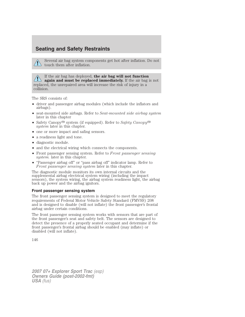 Front passenger sensing system, Seating and safety restraints | FORD 2007 Explorer Sport Trac v.2 User Manual | Page 146 / 328