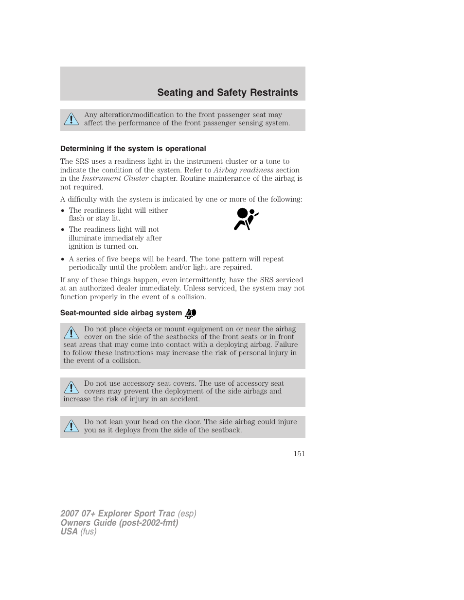 Determining if the system is operational, Seat-mounted side airbag system, Seating and safety restraints | FORD 2007 Explorer Sport Trac v.2 User Manual | Page 151 / 328