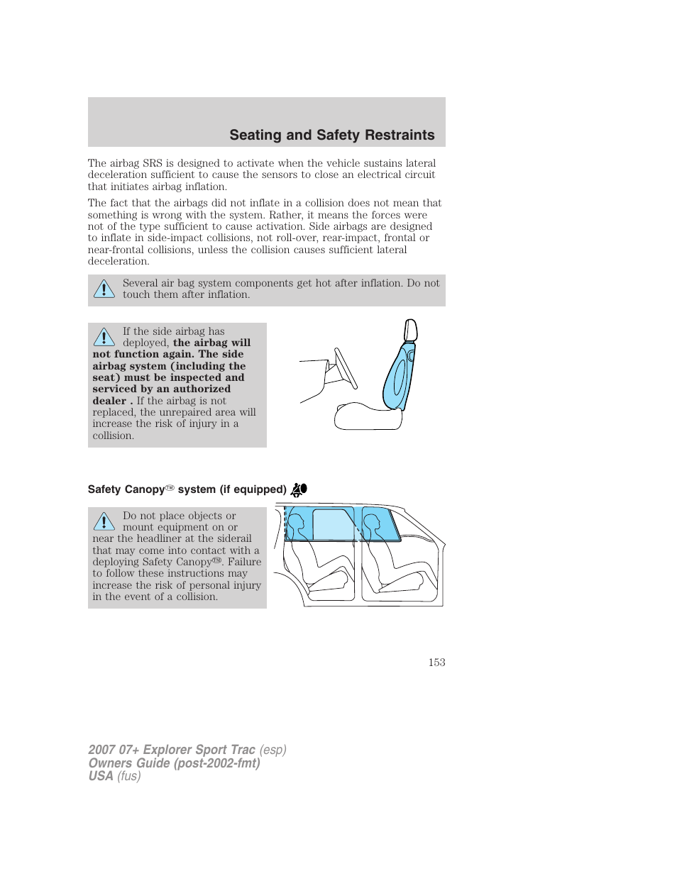 Safety canopy system (if equipped), Seating and safety restraints | FORD 2007 Explorer Sport Trac v.2 User Manual | Page 153 / 328