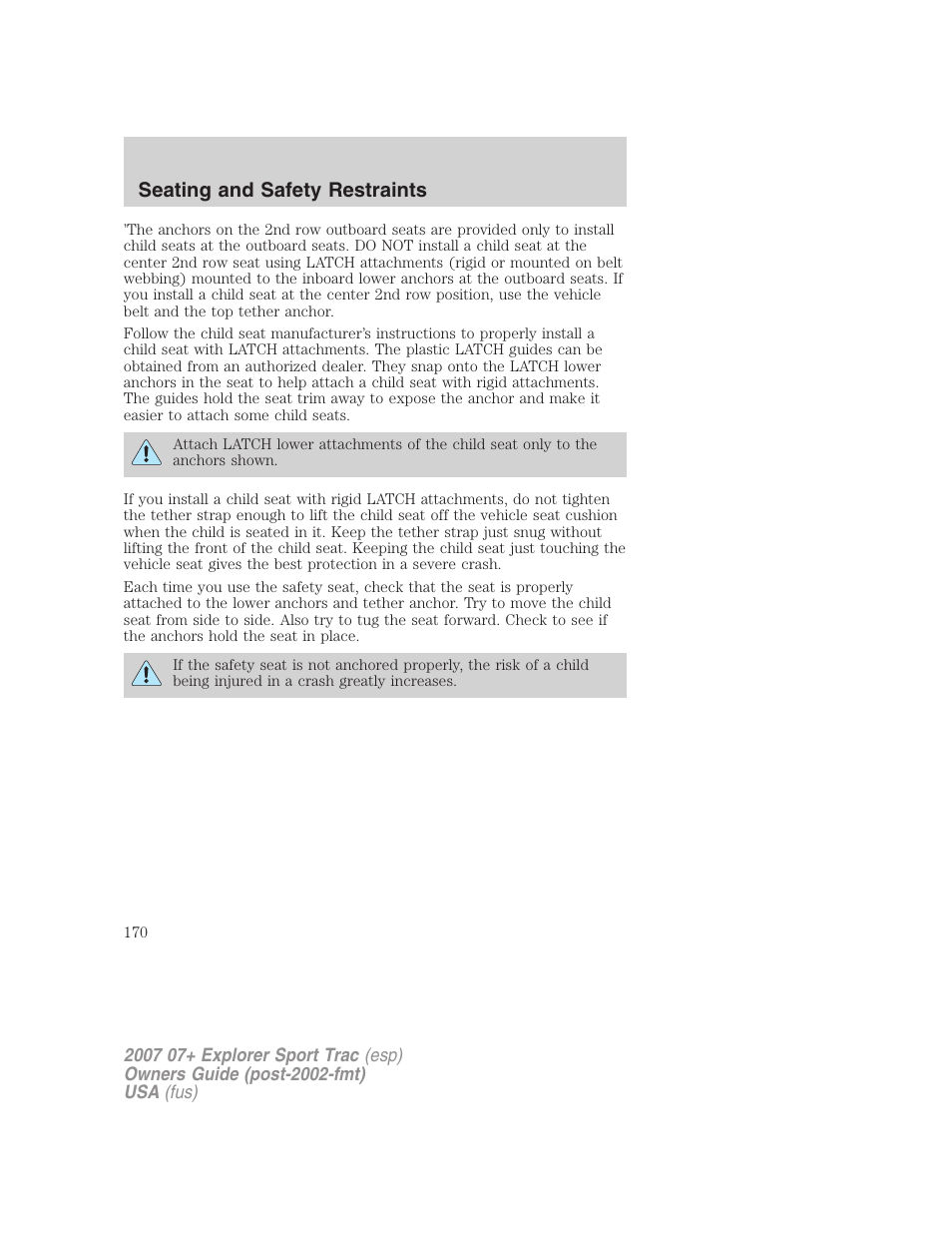 Seating and safety restraints | FORD 2007 Explorer Sport Trac v.2 User Manual | Page 170 / 328