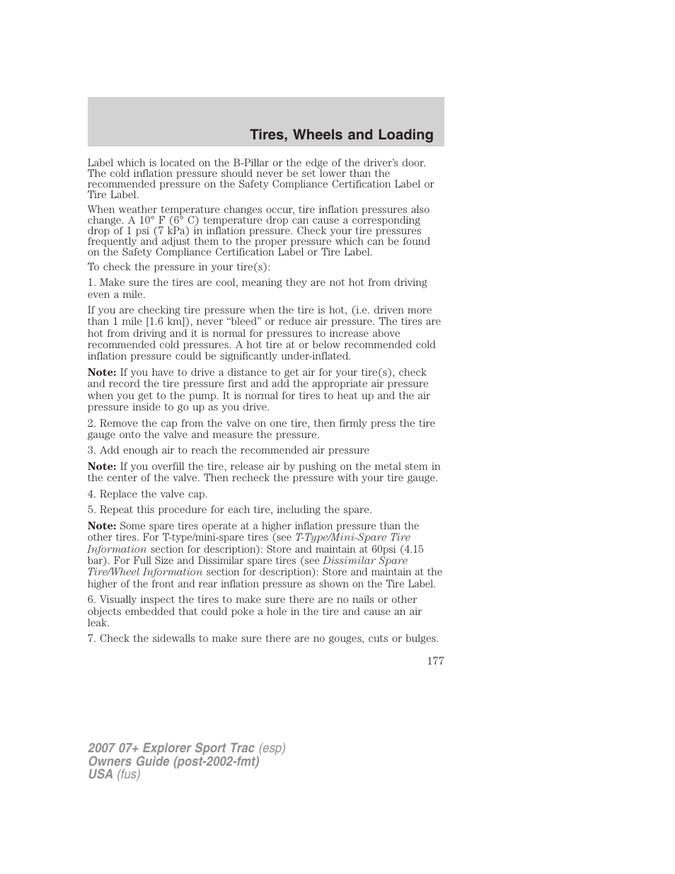 Tires, wheels and loading | FORD 2007 Explorer Sport Trac v.2 User Manual | Page 177 / 328