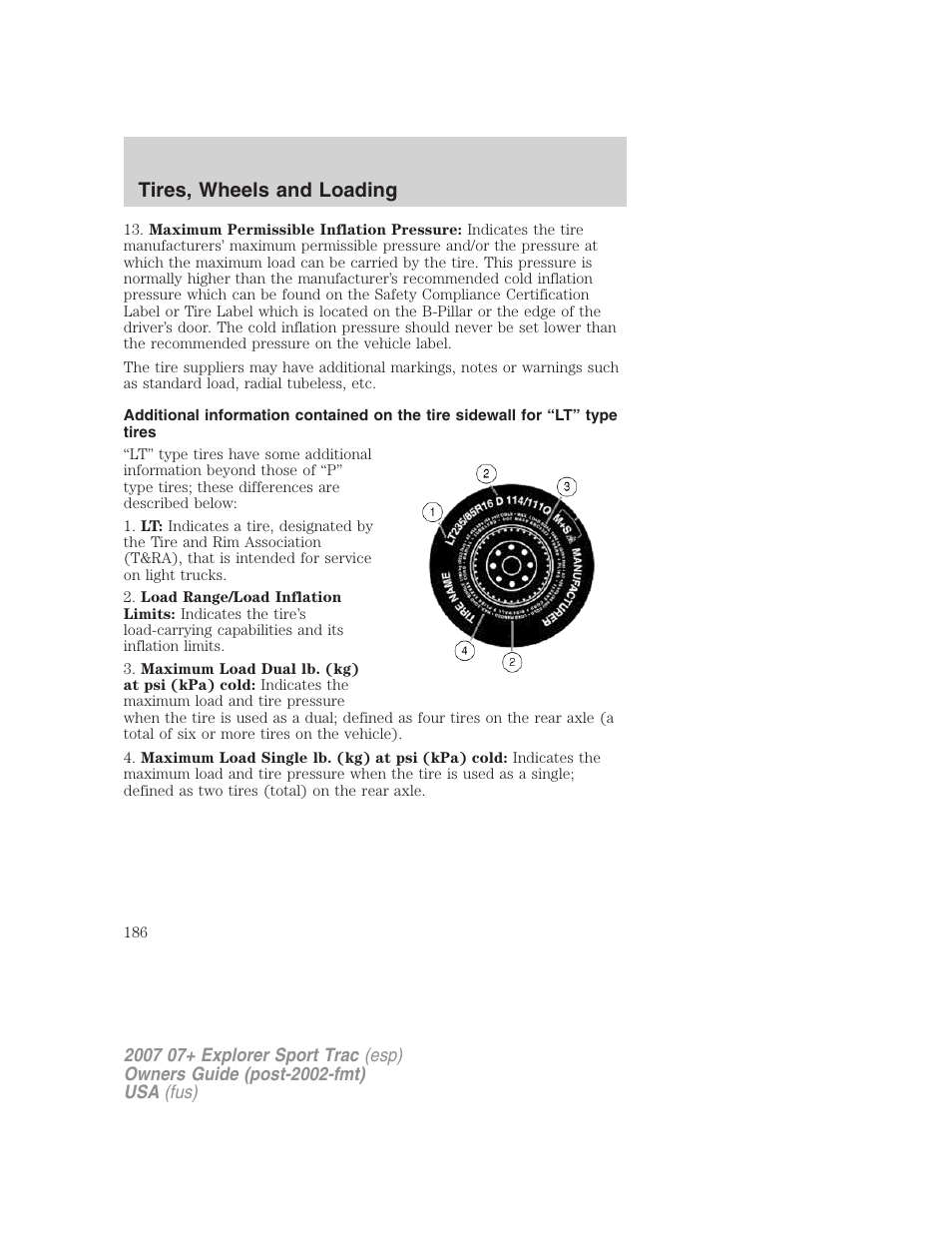 Tires, wheels and loading | FORD 2007 Explorer Sport Trac v.2 User Manual | Page 186 / 328