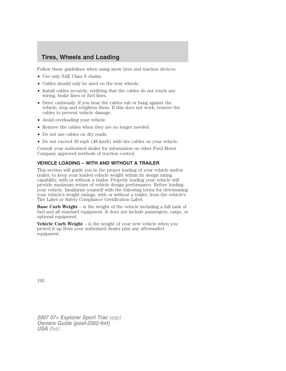 Vehicle loading – with and without a trailer, Vehicle loading, Tires, wheels and loading | FORD 2007 Explorer Sport Trac v.2 User Manual | Page 192 / 328