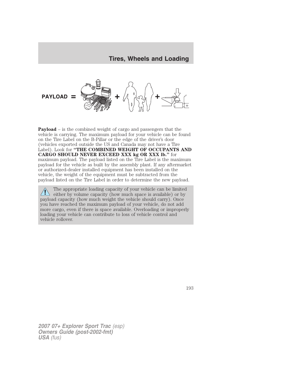 Tires, wheels and loading | FORD 2007 Explorer Sport Trac v.2 User Manual | Page 193 / 328