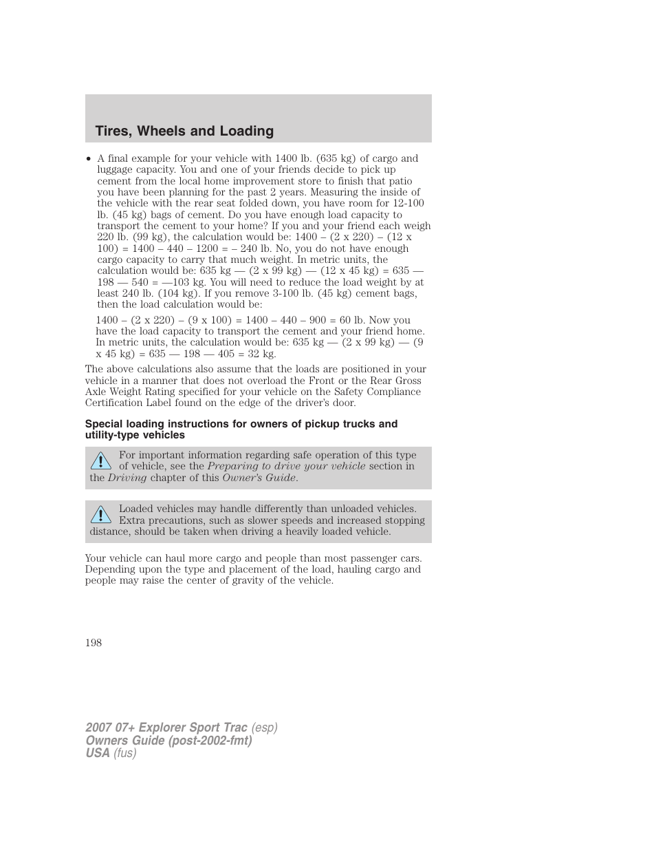 Tires, wheels and loading | FORD 2007 Explorer Sport Trac v.2 User Manual | Page 198 / 328