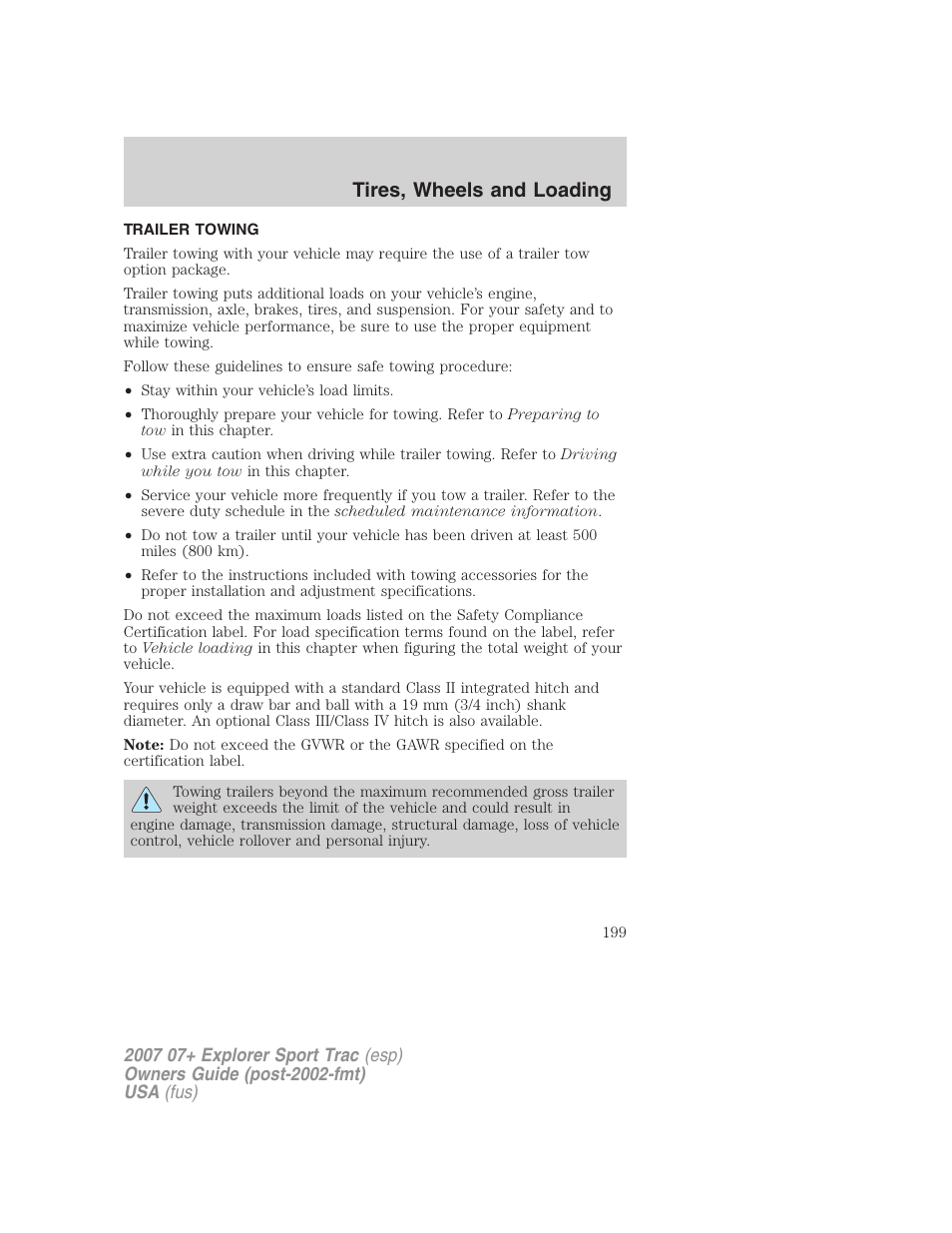 Trailer towing, Tires, wheels and loading | FORD 2007 Explorer Sport Trac v.2 User Manual | Page 199 / 328