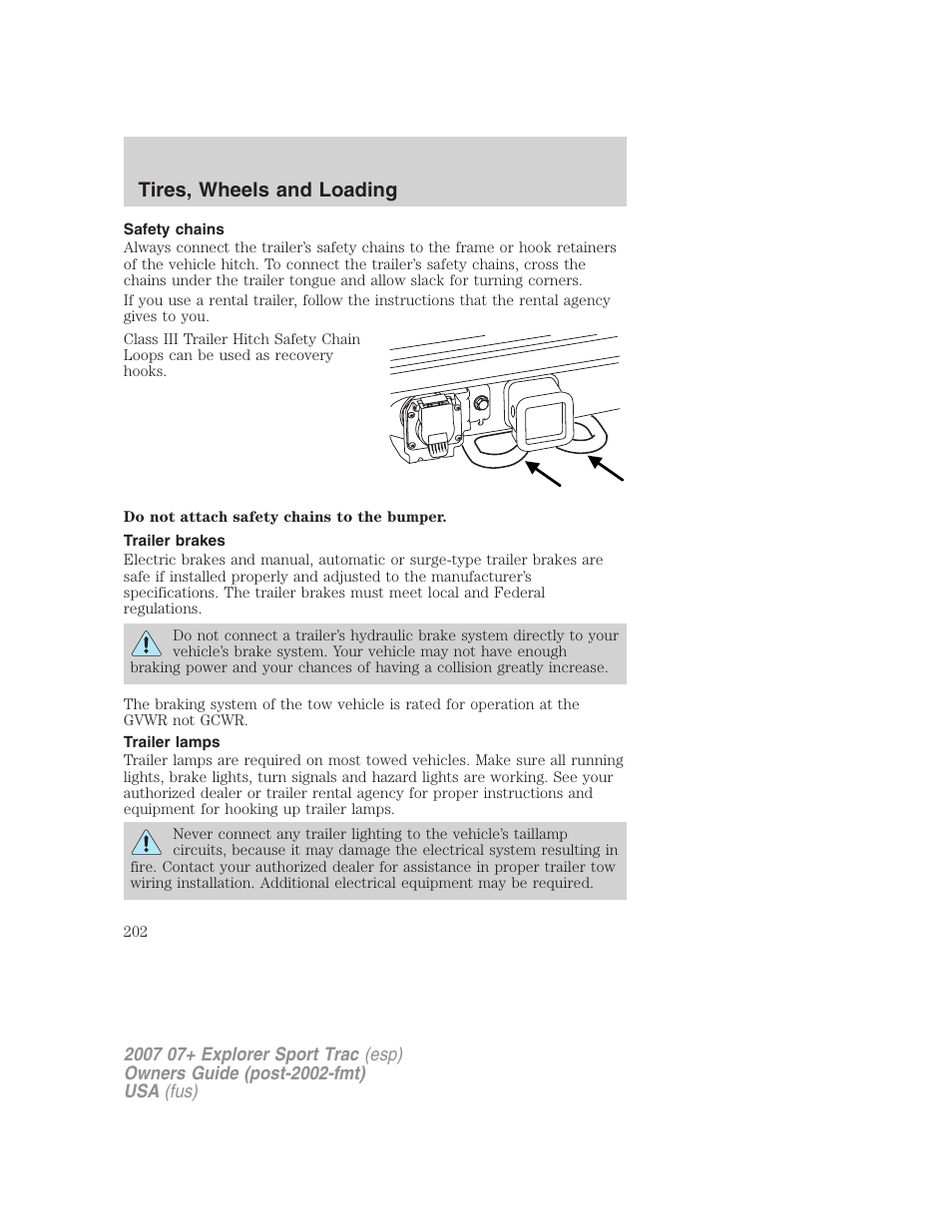 Safety chains, Trailer brakes, Trailer lamps | Tires, wheels and loading | FORD 2007 Explorer Sport Trac v.2 User Manual | Page 202 / 328