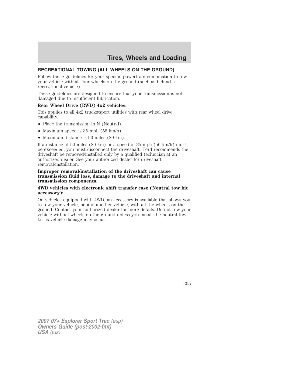 Recreational towing (all wheels on the ground), Recreational towing, Tires, wheels and loading | FORD 2007 Explorer Sport Trac v.2 User Manual | Page 205 / 328