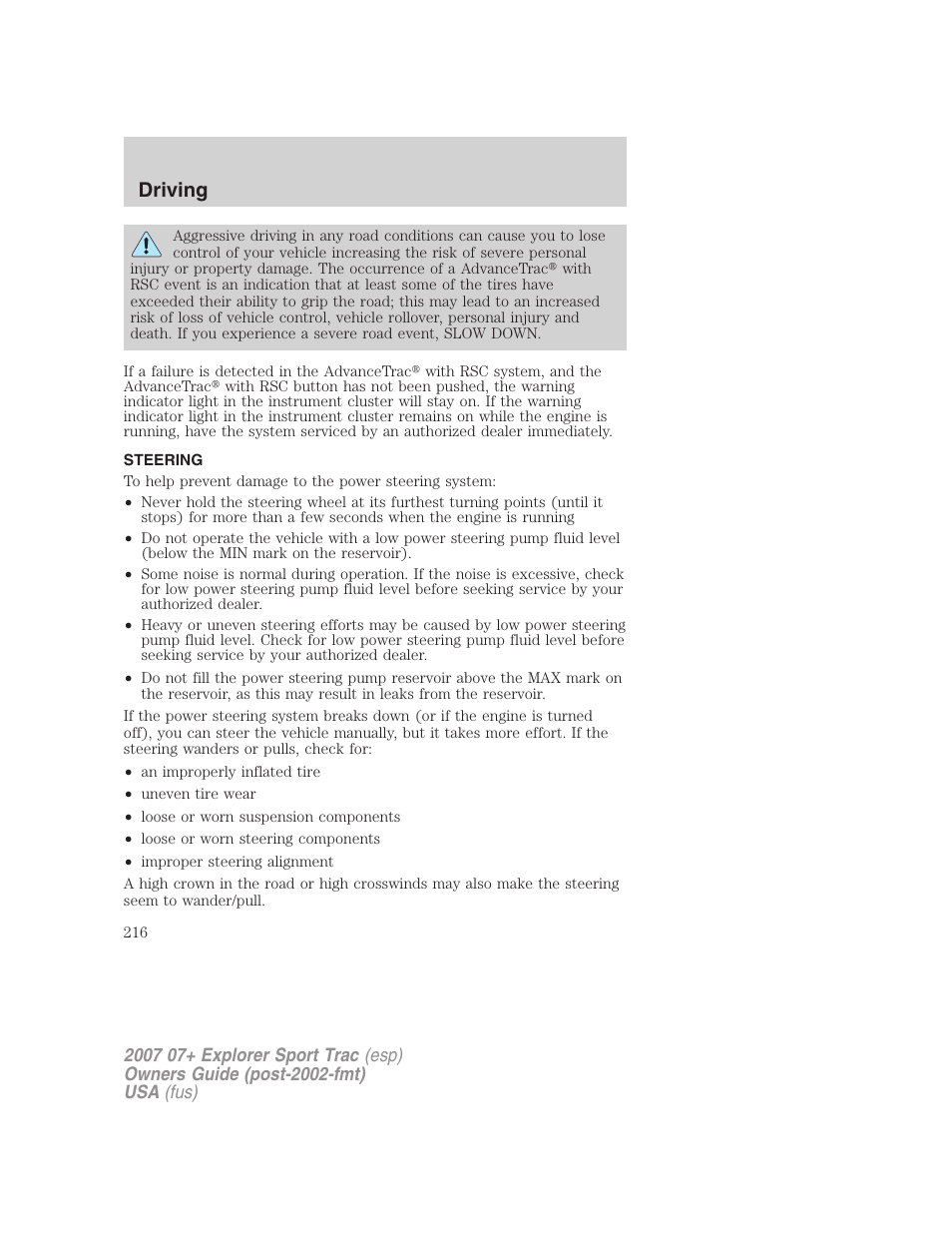 Steering, Driving | FORD 2007 Explorer Sport Trac v.2 User Manual | Page 216 / 328