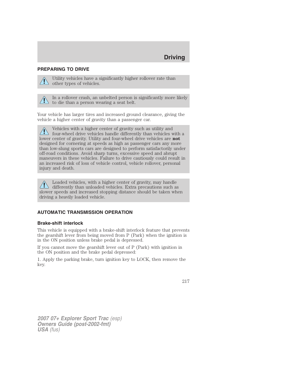 Preparing to drive, Automatic transmission operation, Brake-shift interlock | Transmission operation, Driving | FORD 2007 Explorer Sport Trac v.2 User Manual | Page 217 / 328