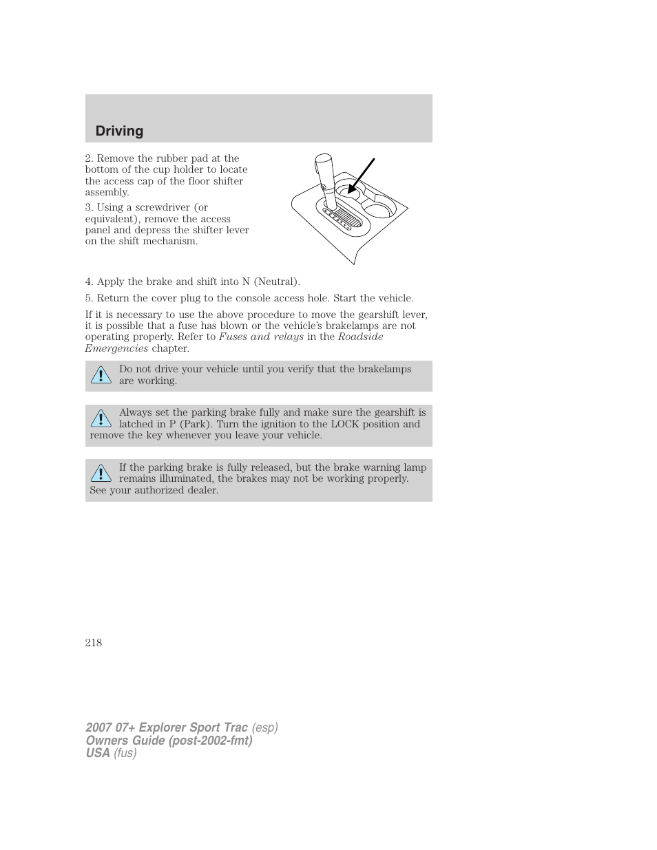 Driving | FORD 2007 Explorer Sport Trac v.2 User Manual | Page 218 / 328