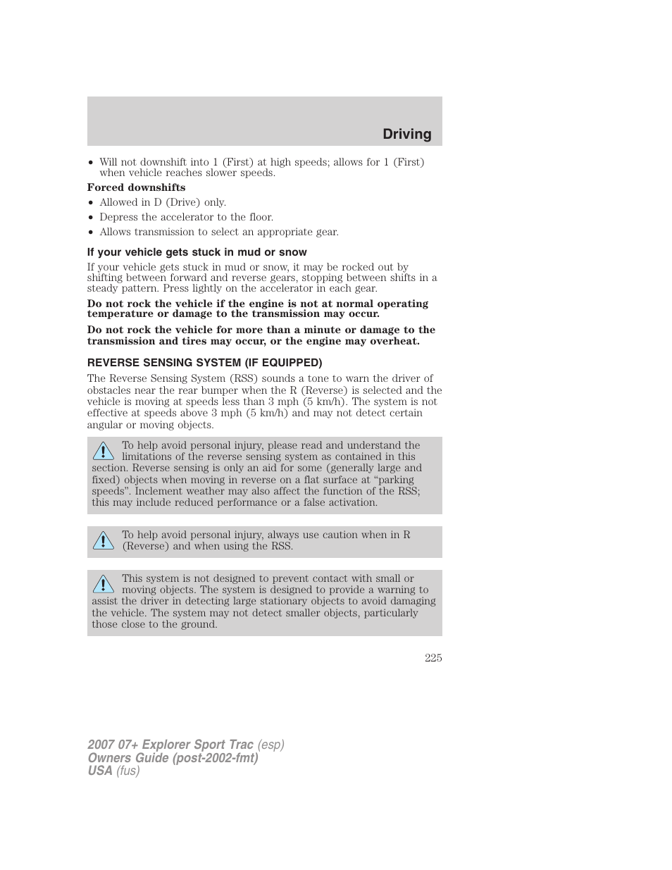 If your vehicle gets stuck in mud or snow, Reverse sensing system (if equipped), Driving | FORD 2007 Explorer Sport Trac v.2 User Manual | Page 225 / 328