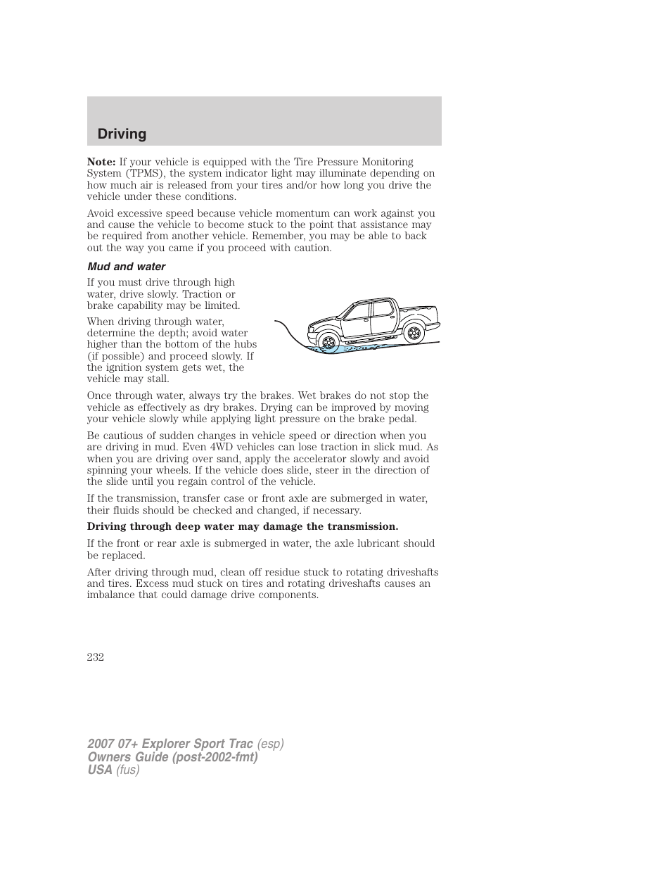 Mud and water, Driving | FORD 2007 Explorer Sport Trac v.2 User Manual | Page 232 / 328