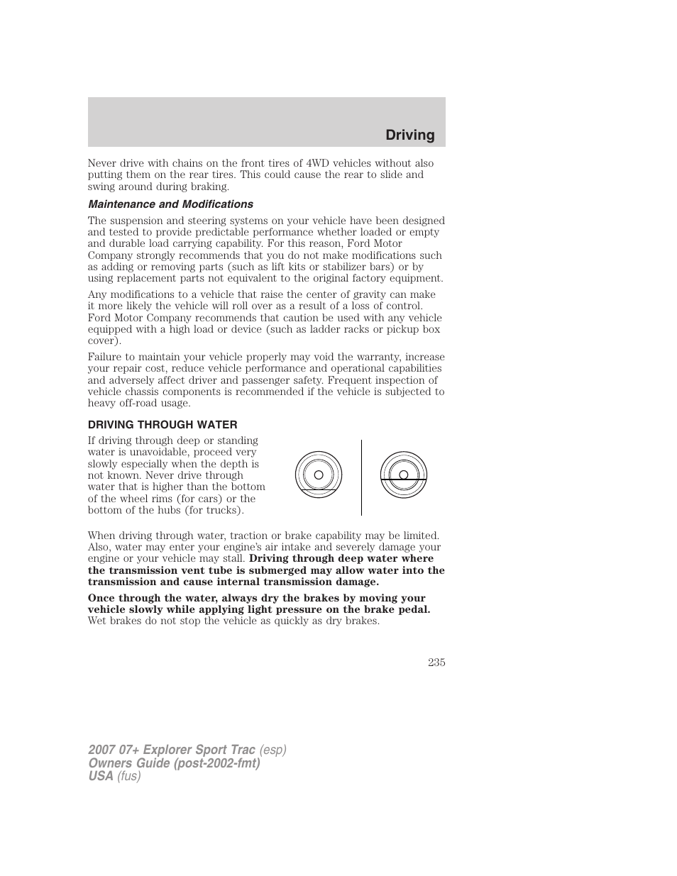 Maintenance and modifications, Driving through water, Driving | FORD 2007 Explorer Sport Trac v.2 User Manual | Page 235 / 328