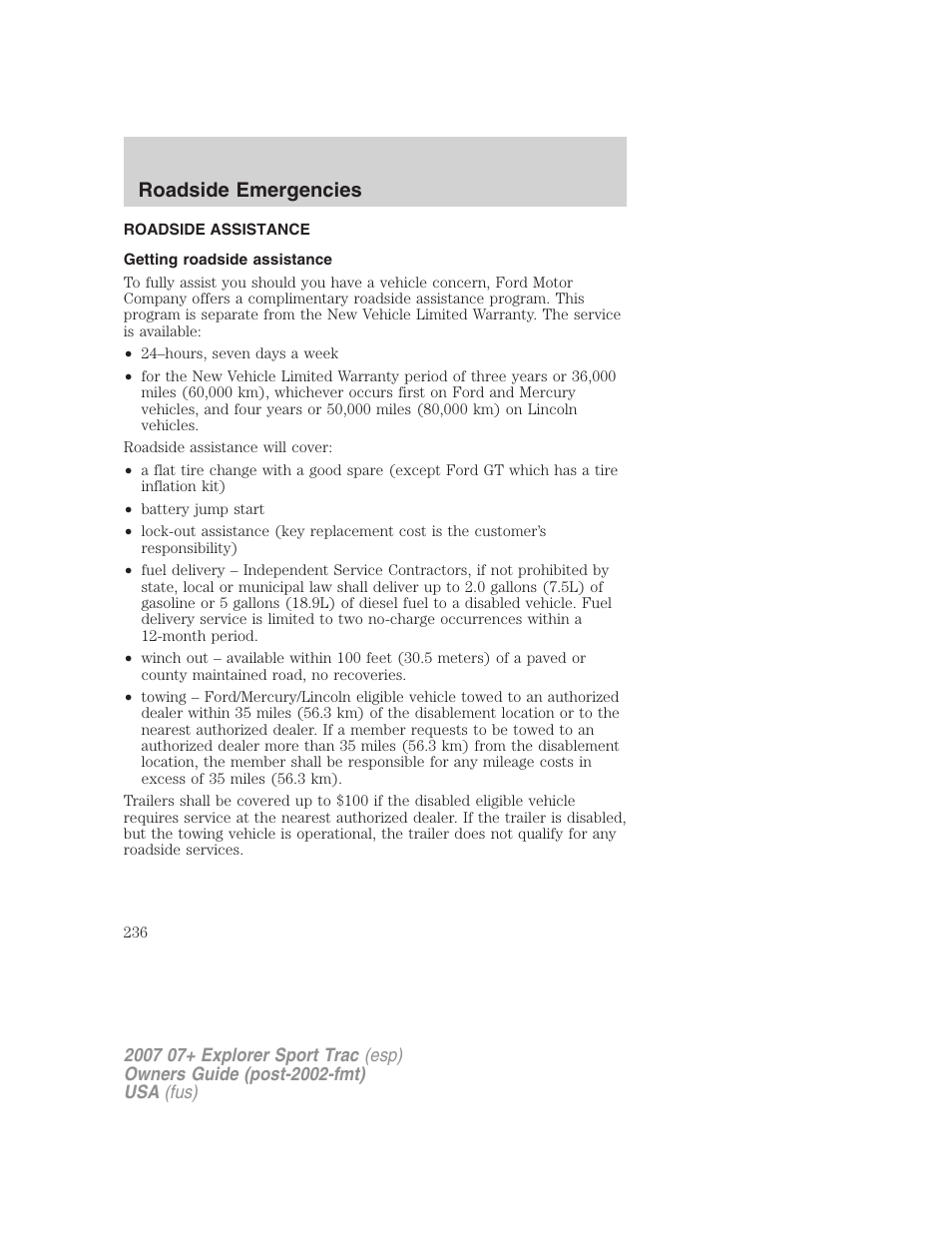 Roadside emergencies, Roadside assistance, Getting roadside assistance | FORD 2007 Explorer Sport Trac v.2 User Manual | Page 236 / 328