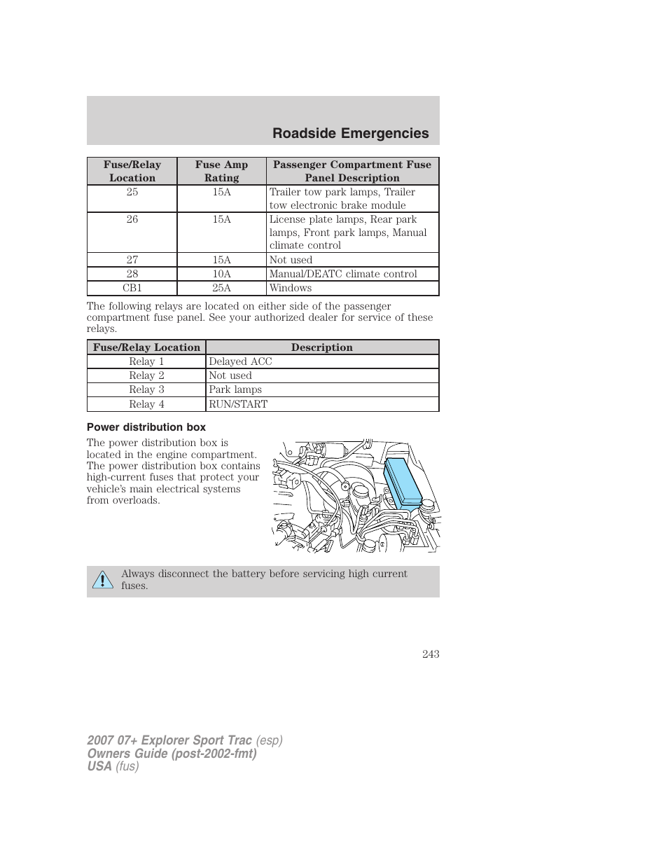 Power distribution box, Roadside emergencies | FORD 2007 Explorer Sport Trac v.2 User Manual | Page 243 / 328