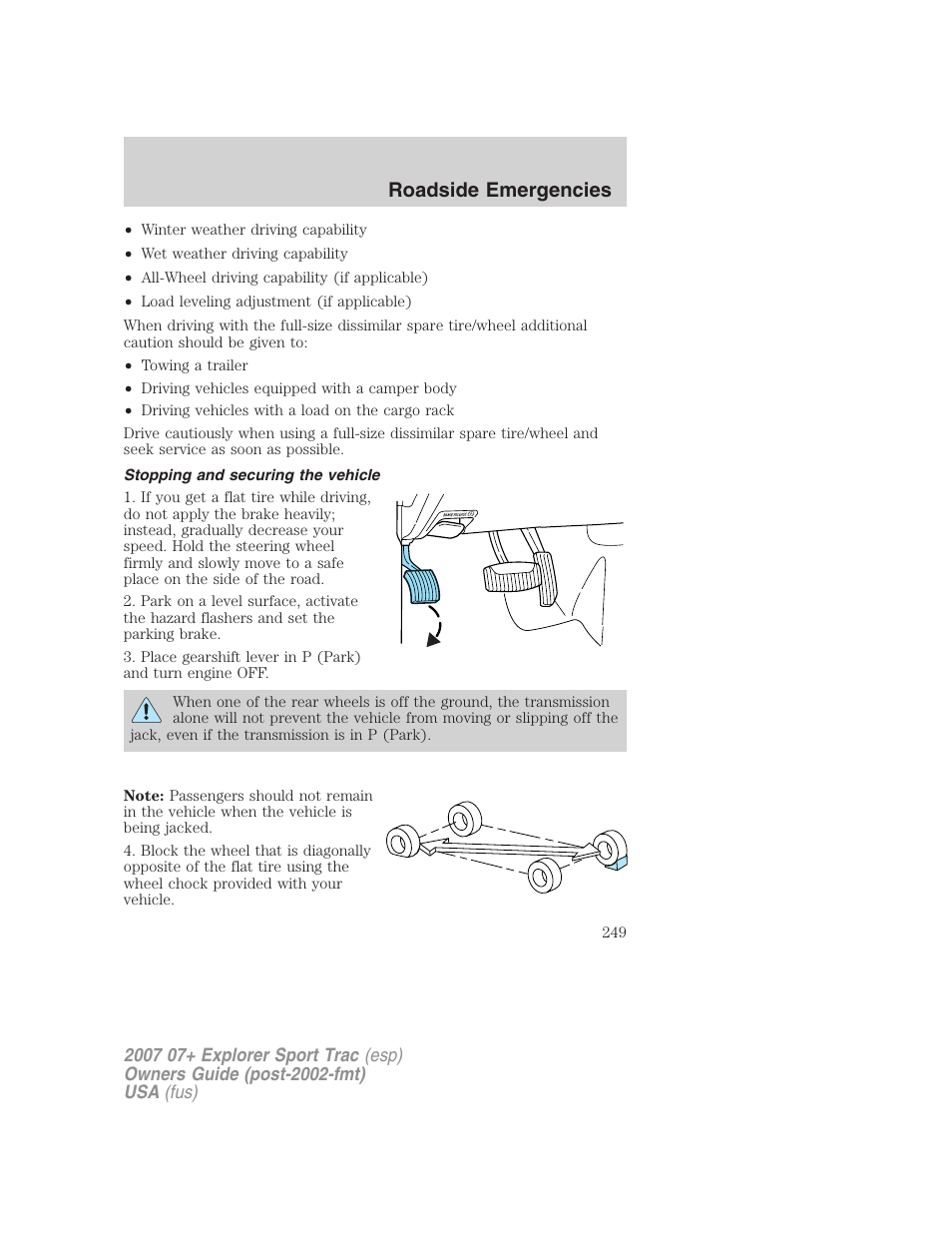 Stopping and securing the vehicle, Roadside emergencies | FORD 2007 Explorer Sport Trac v.2 User Manual | Page 249 / 328