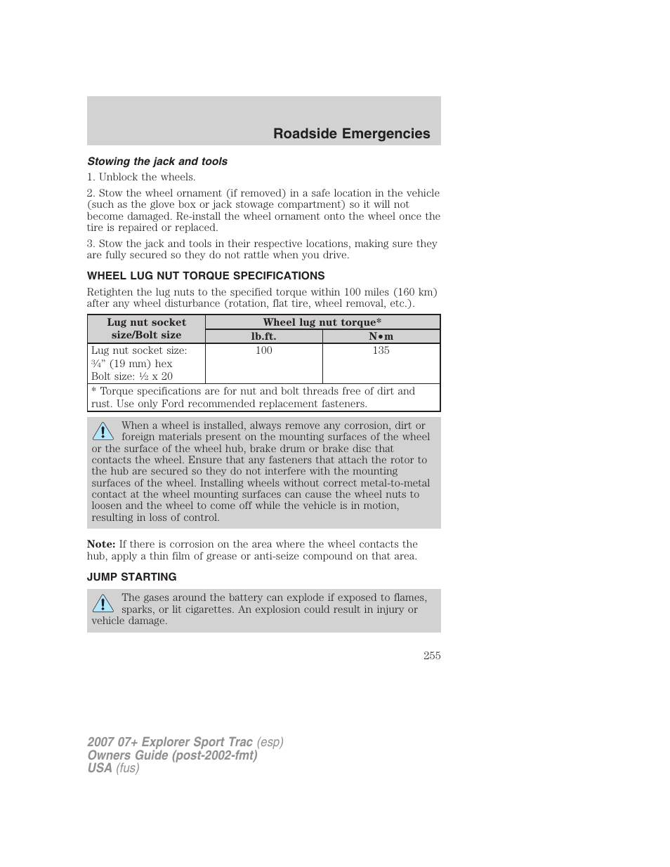 Stowing the jack and tools, Wheel lug nut torque specifications, Jump starting | Lug nut torque, Roadside emergencies | FORD 2007 Explorer Sport Trac v.2 User Manual | Page 255 / 328