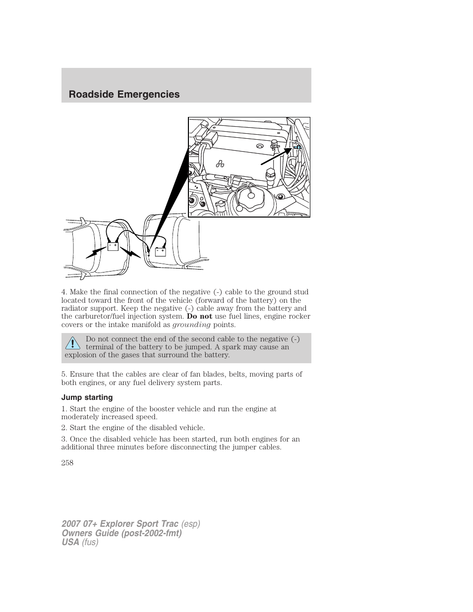 Jump starting, Roadside emergencies | FORD 2007 Explorer Sport Trac v.2 User Manual | Page 258 / 328