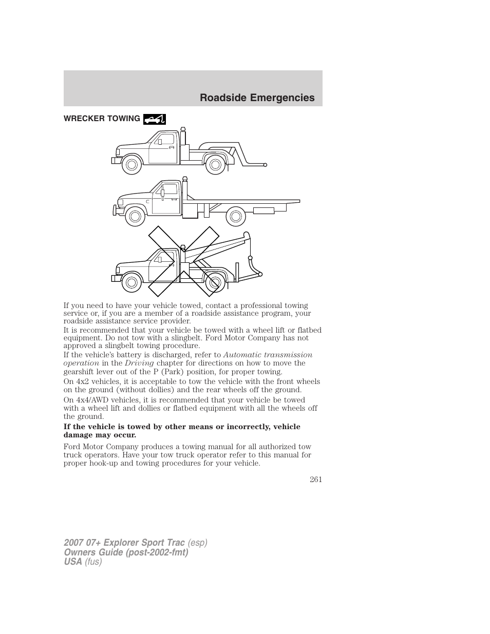 Wrecker towing, Roadside emergencies | FORD 2007 Explorer Sport Trac v.2 User Manual | Page 261 / 328