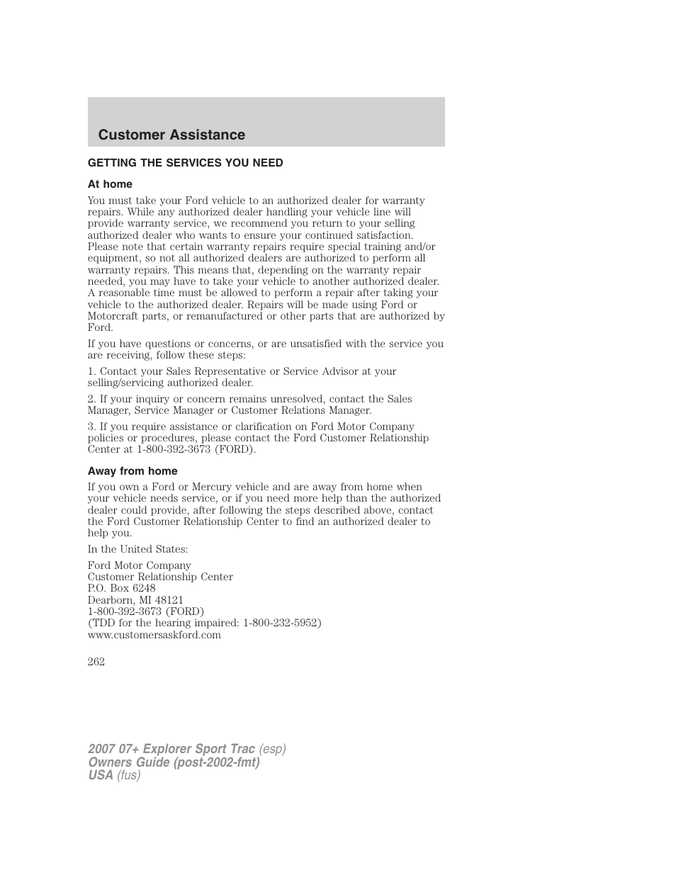 Customer assistance, Getting the services you need, At home | Away from home | FORD 2007 Explorer Sport Trac v.2 User Manual | Page 262 / 328