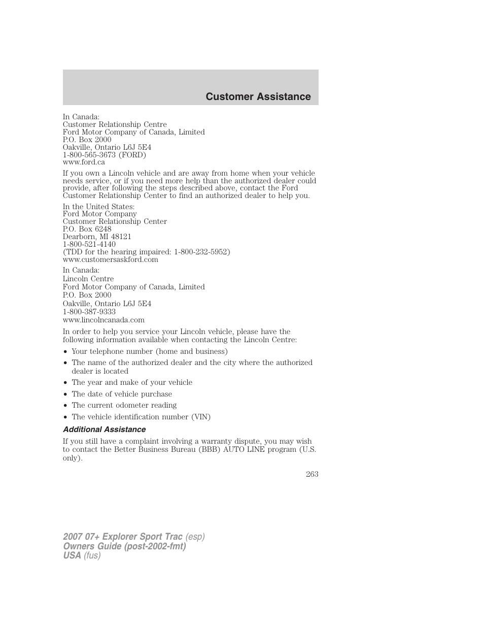 Additional assistance, Customer assistance | FORD 2007 Explorer Sport Trac v.2 User Manual | Page 263 / 328