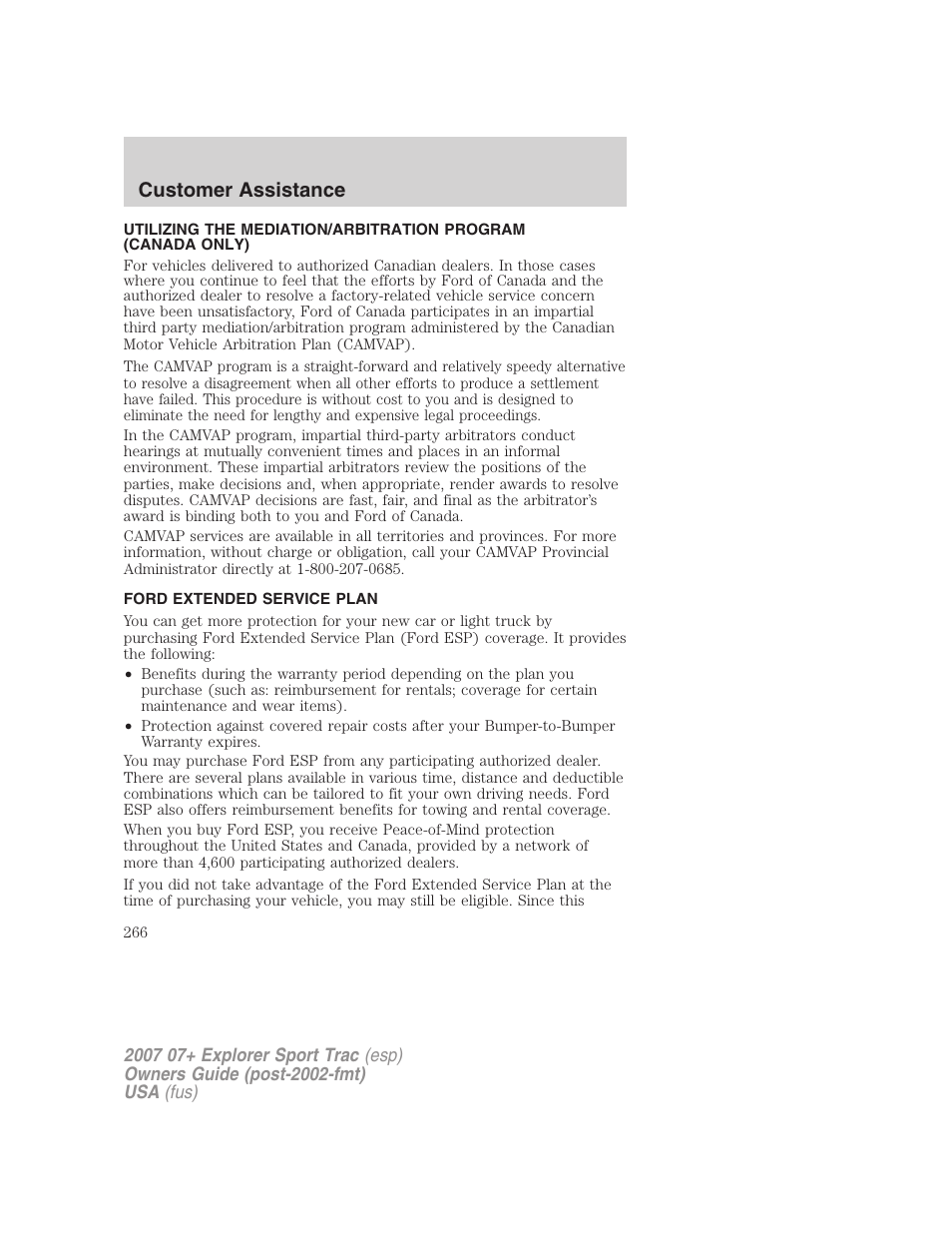 Ford extended service plan, Customer assistance | FORD 2007 Explorer Sport Trac v.2 User Manual | Page 266 / 328