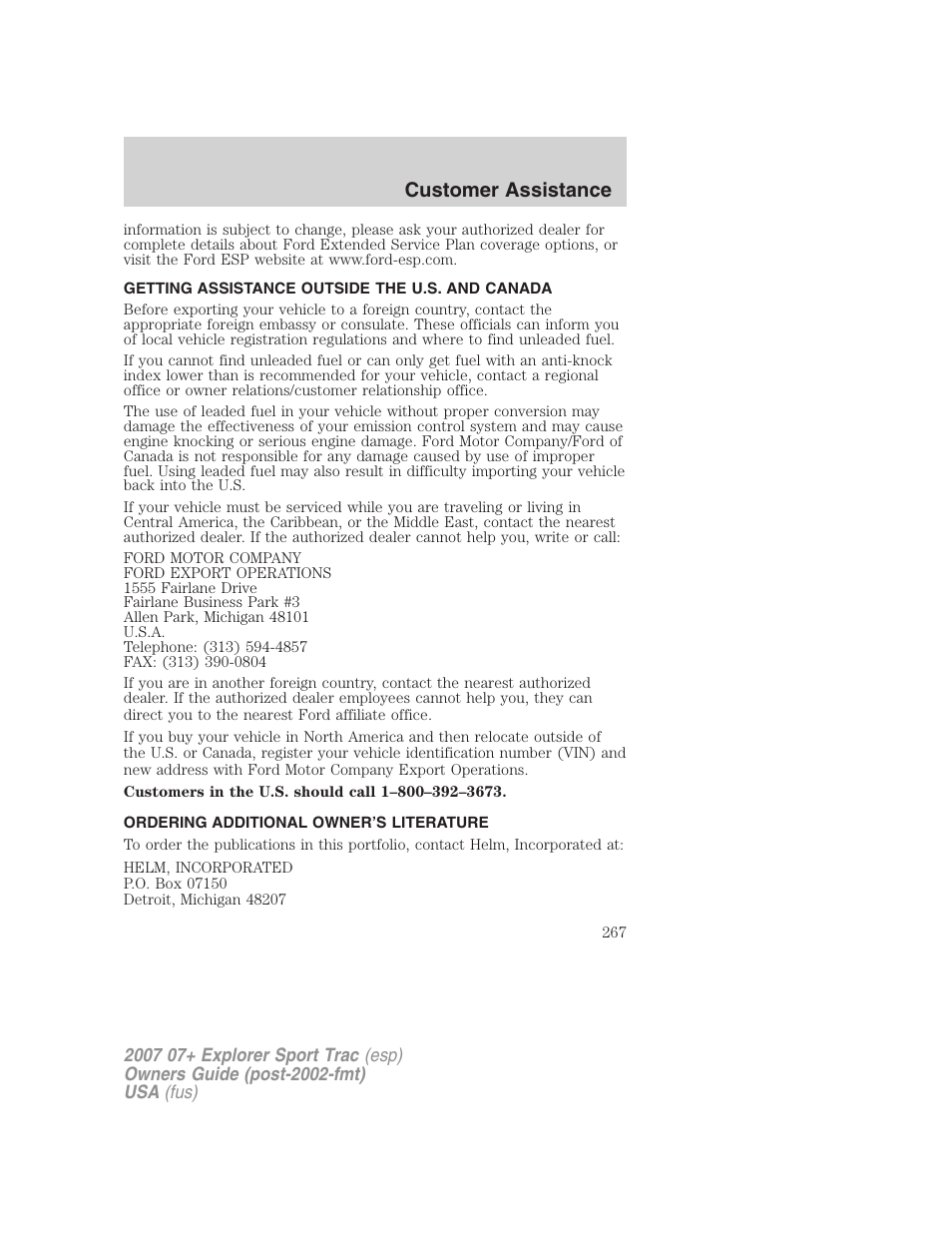 Getting assistance outside the u.s. and canada, Ordering additional owner’s literature, Customer assistance | FORD 2007 Explorer Sport Trac v.2 User Manual | Page 267 / 328