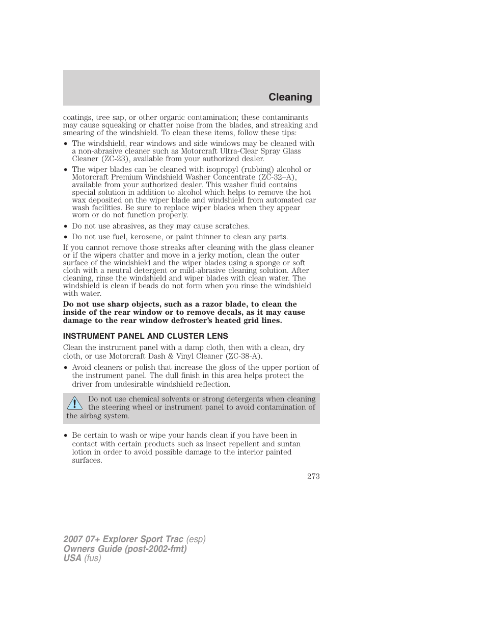 Instrument panel and cluster lens, Cleaning | FORD 2007 Explorer Sport Trac v.2 User Manual | Page 273 / 328