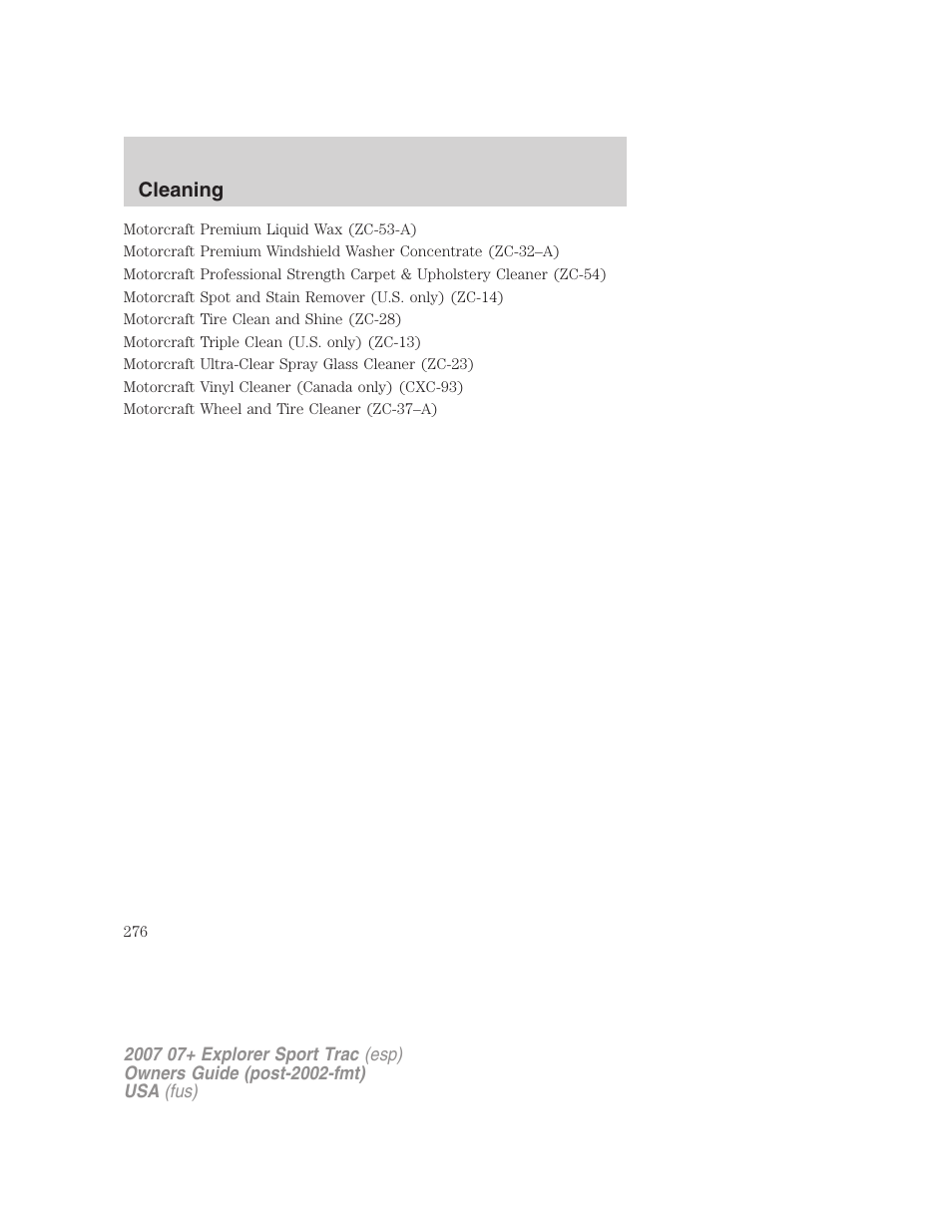 Cleaning | FORD 2007 Explorer Sport Trac v.2 User Manual | Page 276 / 328