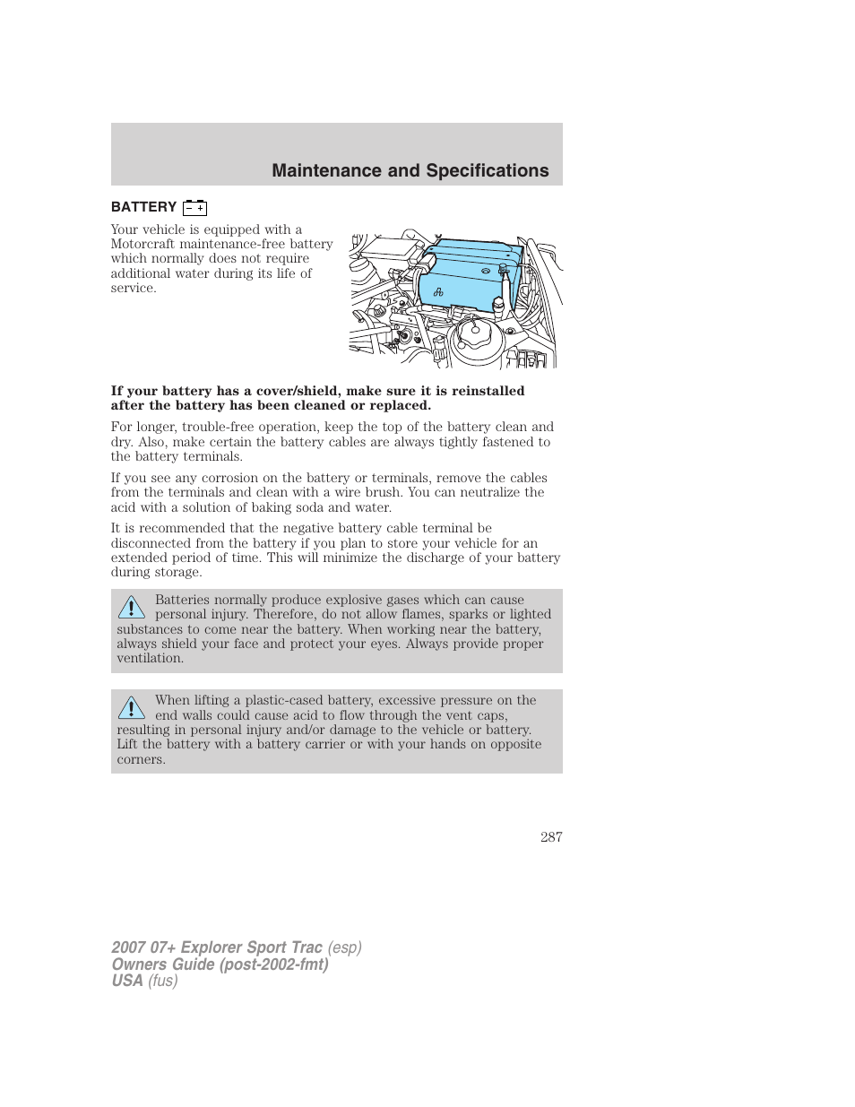 Battery, Maintenance and specifications | FORD 2007 Explorer Sport Trac v.2 User Manual | Page 287 / 328