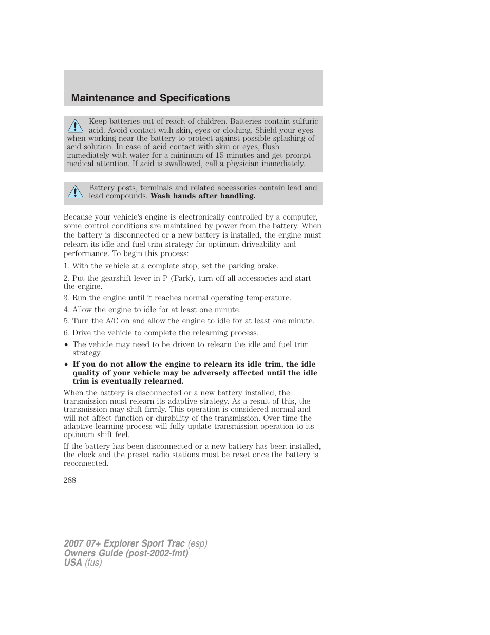 Maintenance and specifications | FORD 2007 Explorer Sport Trac v.2 User Manual | Page 288 / 328