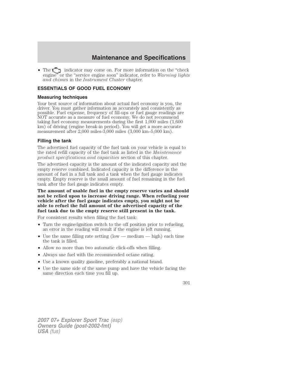 Essentials of good fuel economy, Measuring techniques, Filling the tank | Maintenance and specifications | FORD 2007 Explorer Sport Trac v.2 User Manual | Page 301 / 328