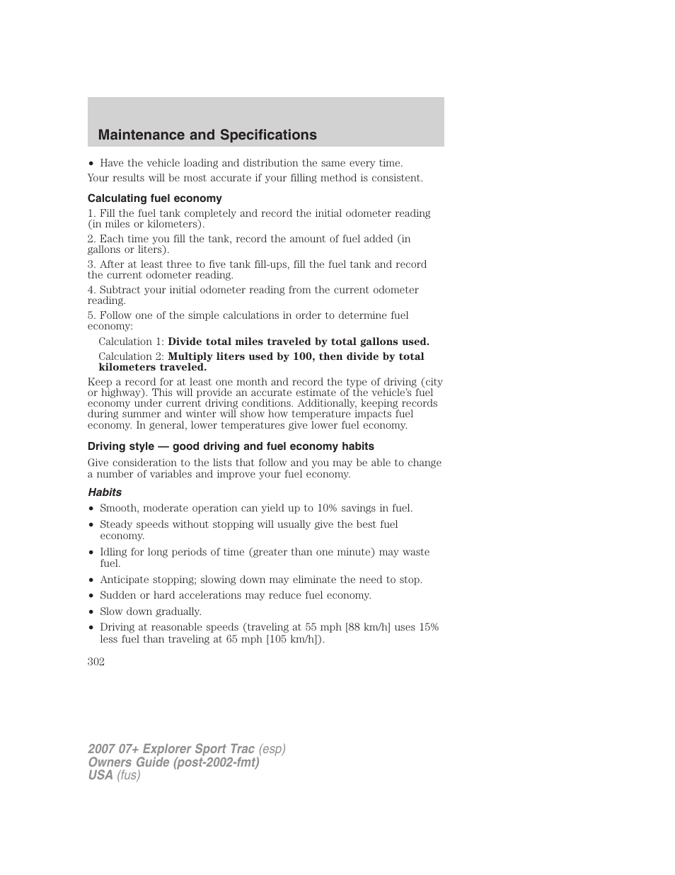 Calculating fuel economy, Habits, Maintenance and specifications | FORD 2007 Explorer Sport Trac v.2 User Manual | Page 302 / 328