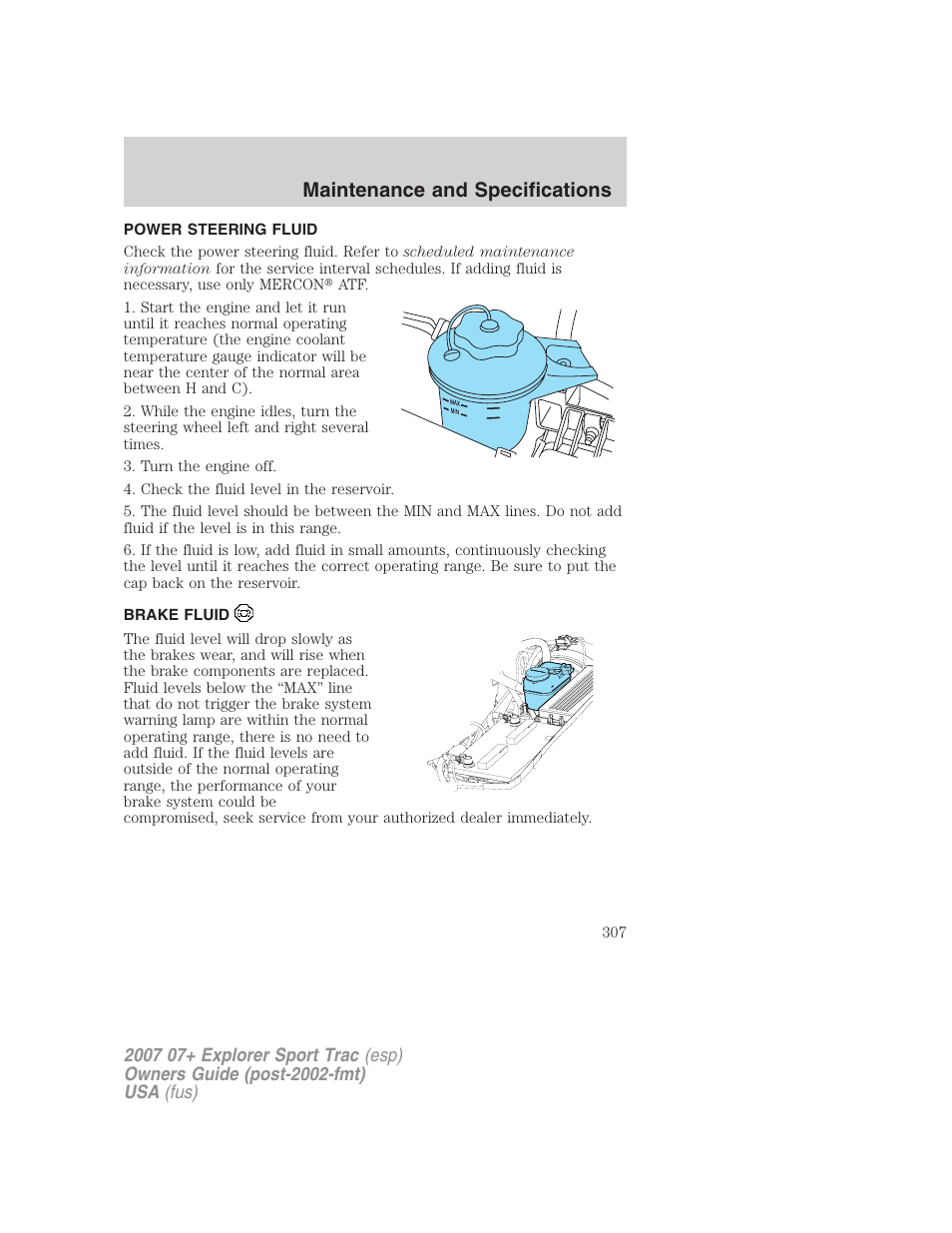 Power steering fluid, Brake fluid, Maintenance and specifications | FORD 2007 Explorer Sport Trac v.2 User Manual | Page 307 / 328