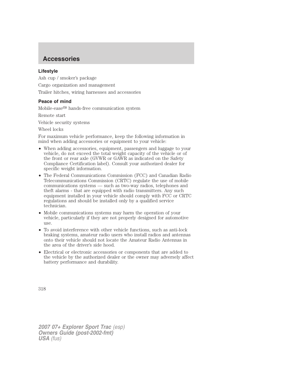 Lifestyle, Peace of mind, Accessories | FORD 2007 Explorer Sport Trac v.2 User Manual | Page 318 / 328