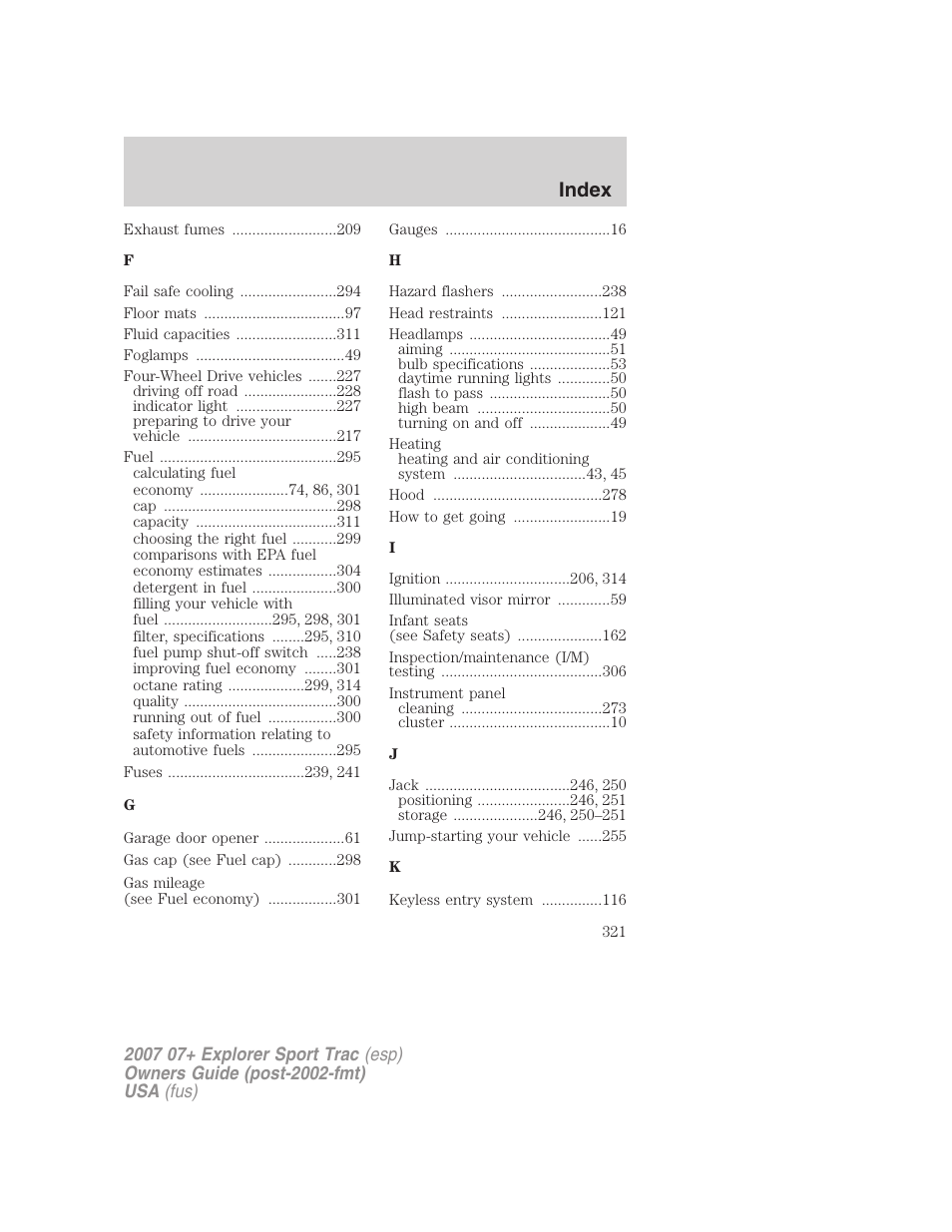 Index | FORD 2007 Explorer Sport Trac v.2 User Manual | Page 321 / 328