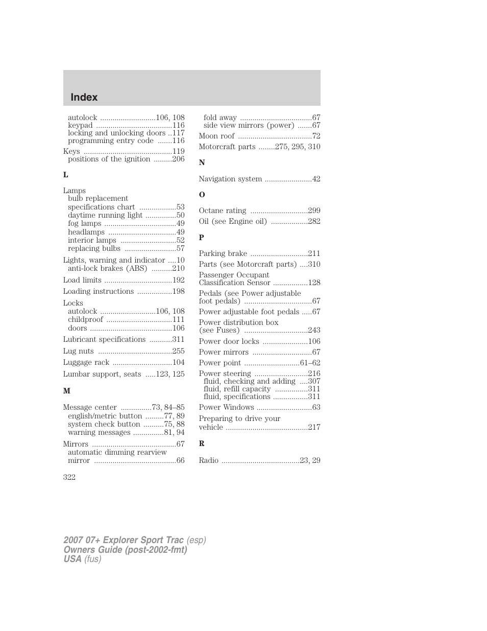 Index | FORD 2007 Explorer Sport Trac v.2 User Manual | Page 322 / 328